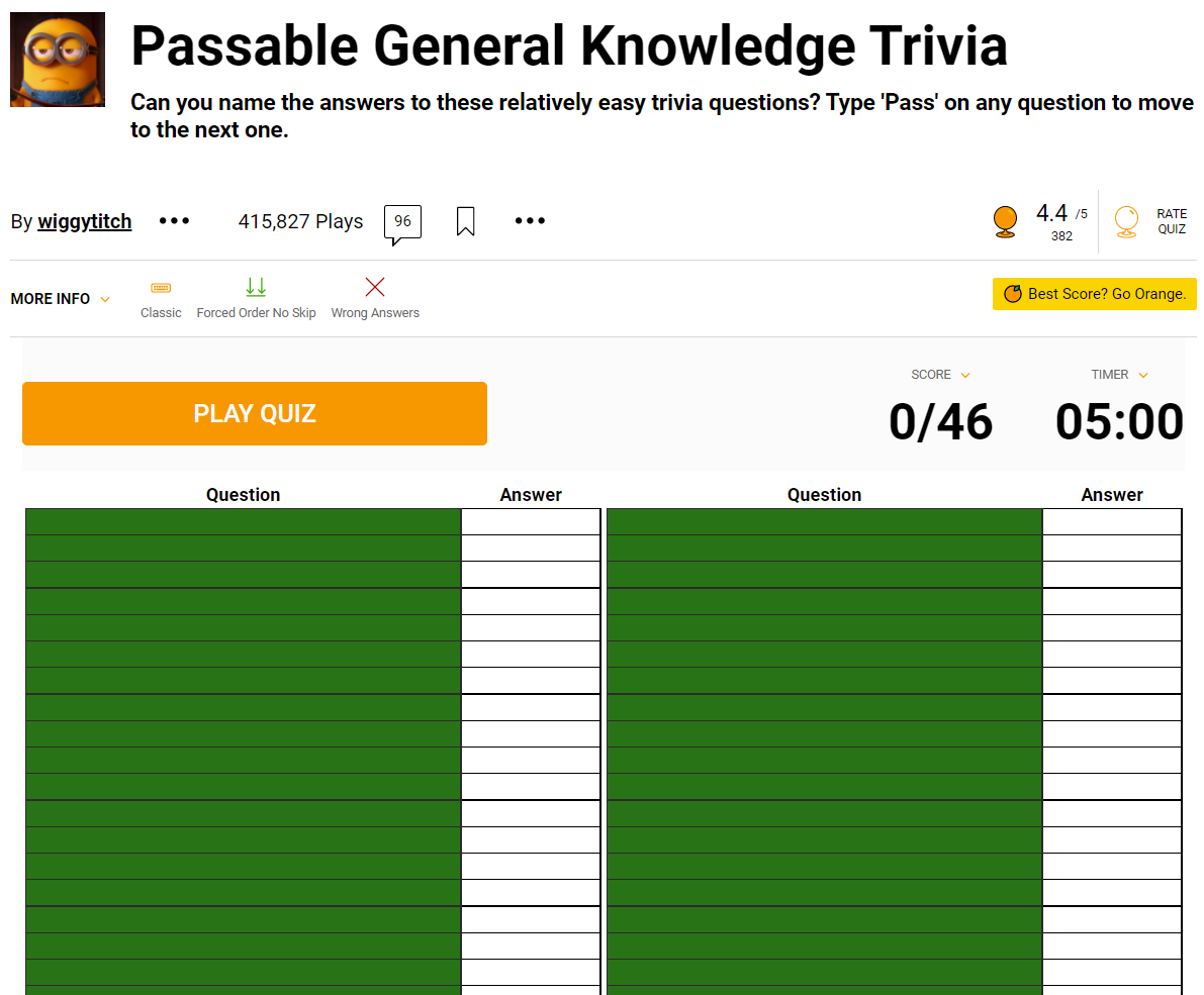 Picture of Sporcle Passable General Knowledge Trivia